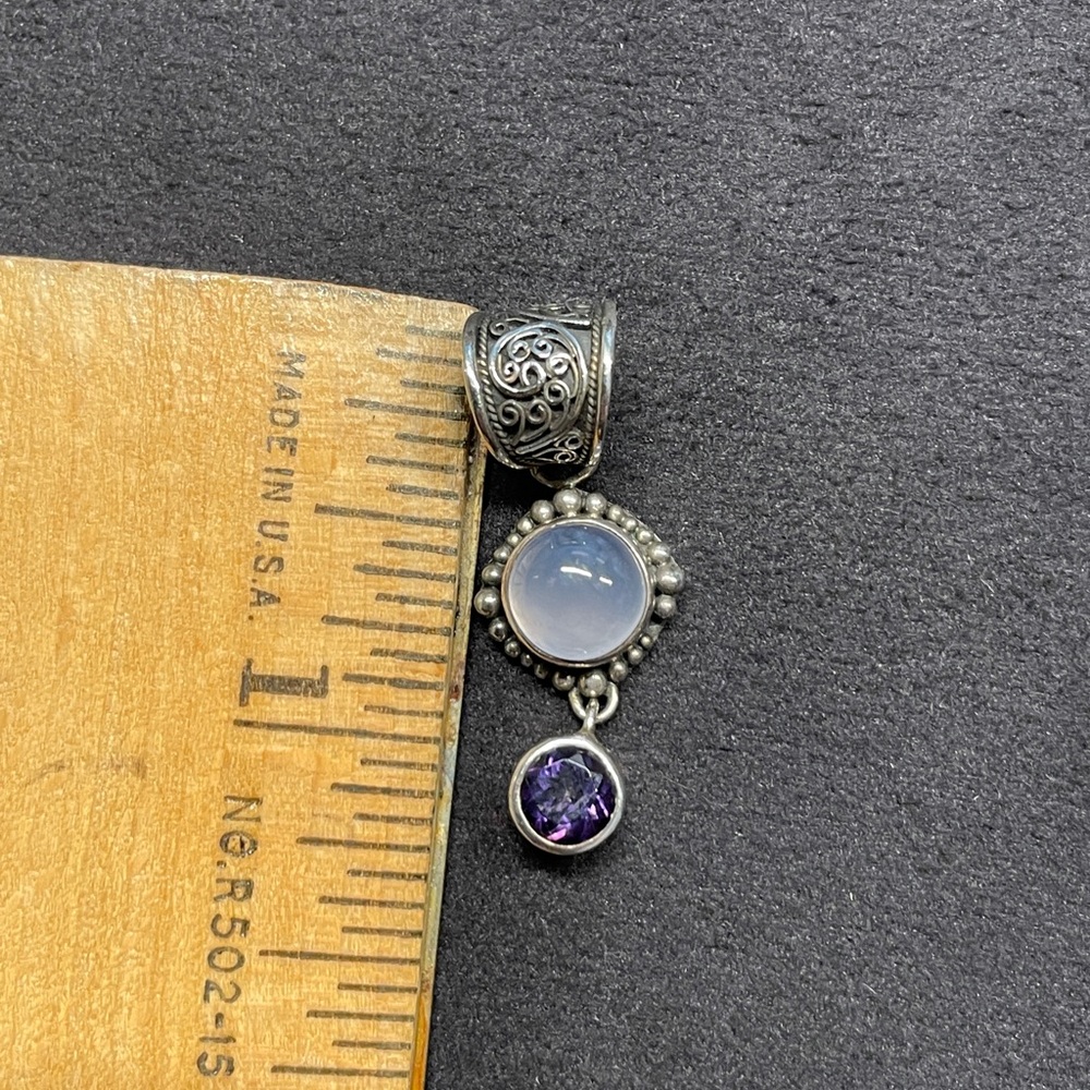 Lori Bonn 925 Silver Chalcedony Cabochon and Amethyst Gemstone Pendant - Picture 2 of 3